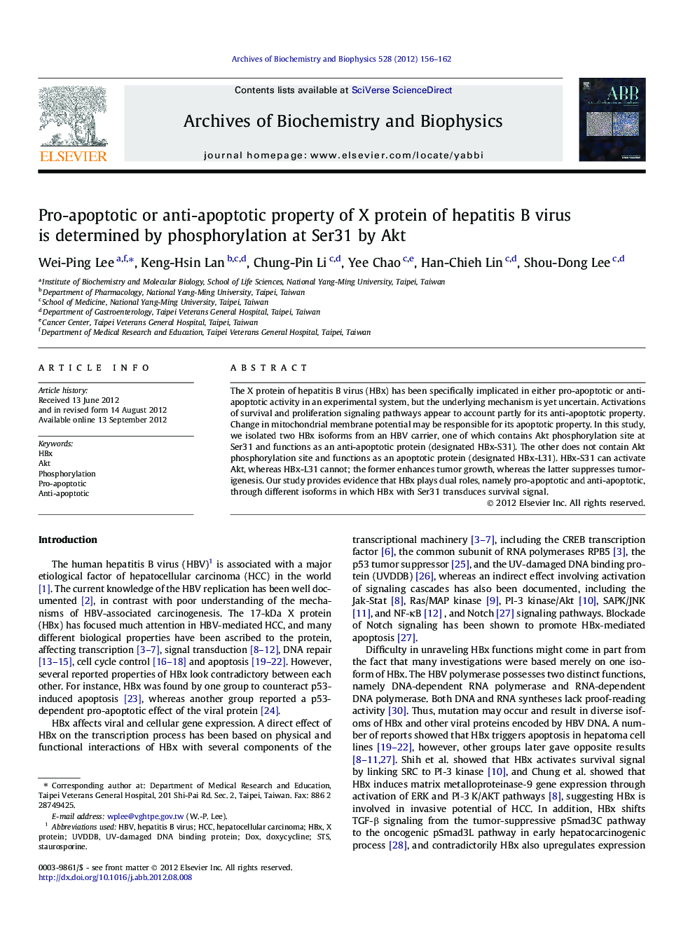 Pro-apoptotic or anti-apoptotic property of X protein of hepatitis B virus is determined by phosphorylation at Ser31 by Akt