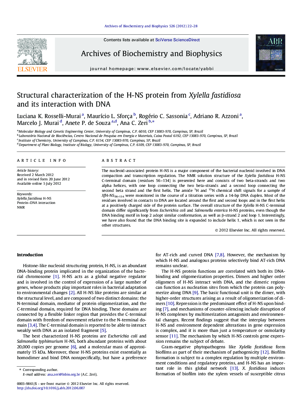 Structural characterization of the H-NS protein from Xylella fastidiosa and its interaction with DNA