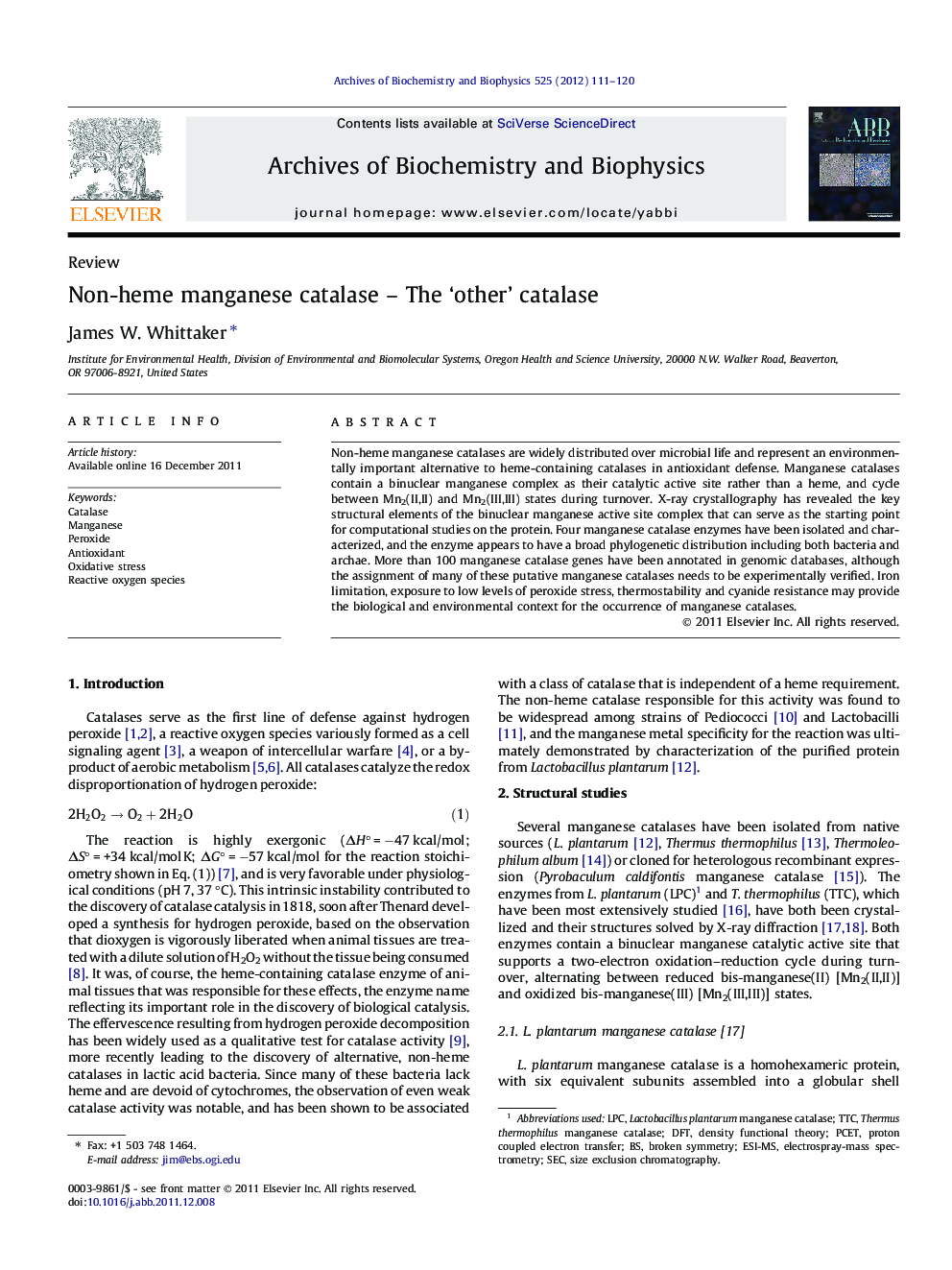 Non-heme manganese catalase - The 'other' catalase