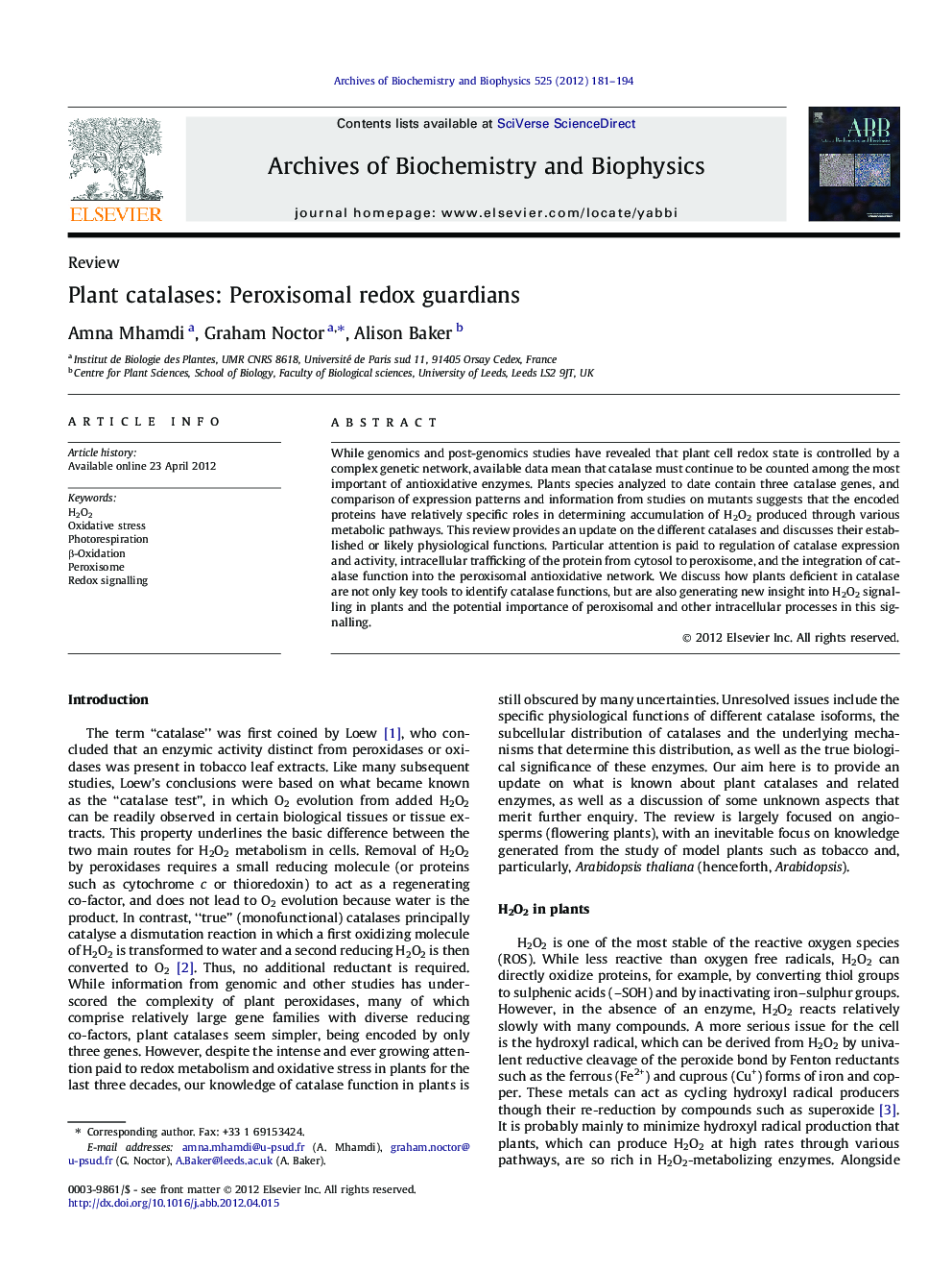 Plant catalases: Peroxisomal redox guardians