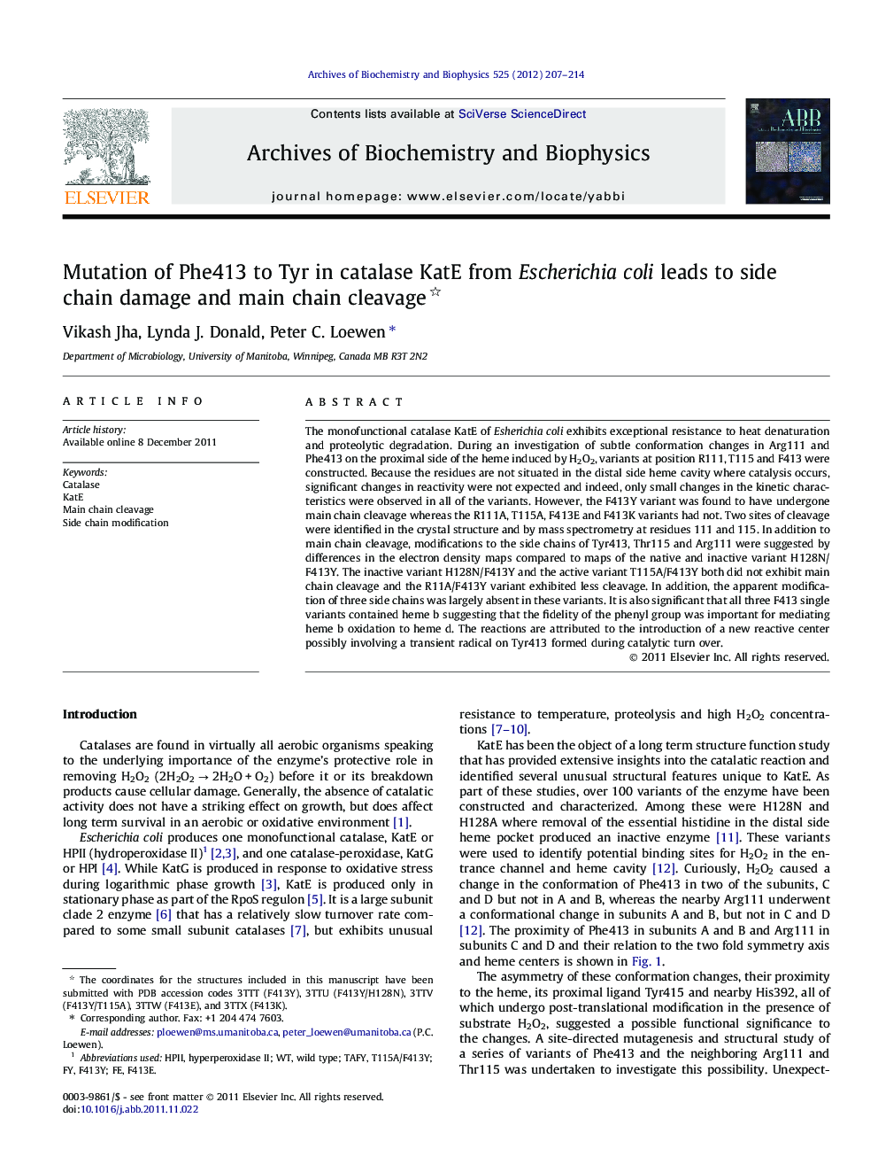 Mutation of Phe413 to Tyr in catalase KatE from Escherichia coli leads to side chain damage and main chain cleavage