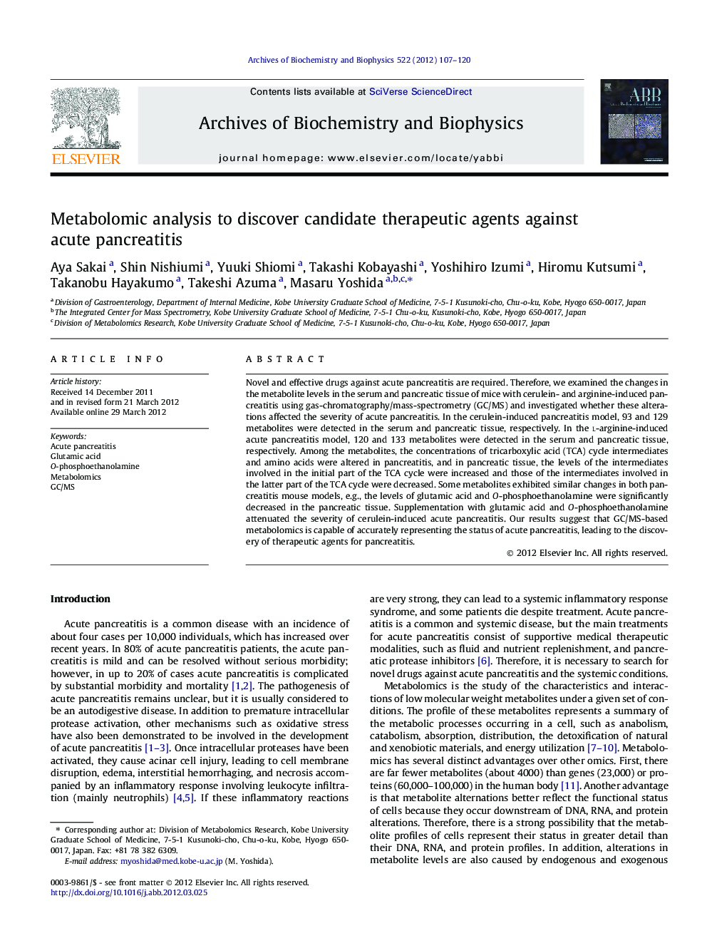 Metabolomic analysis to discover candidate therapeutic agents against acute pancreatitis