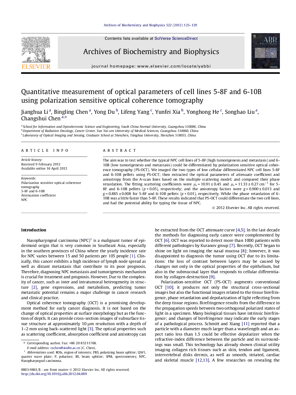 Quantitative measurement of optical parameters of cell lines 5-8F and 6-10B using polarization sensitive optical coherence tomography