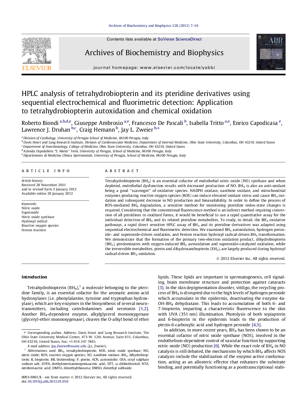 HPLC analysis of tetrahydrobiopterin and its pteridine derivatives using sequential electrochemical and fluorimetric detection: Application to tetrahydrobiopterin autoxidation and chemical oxidation