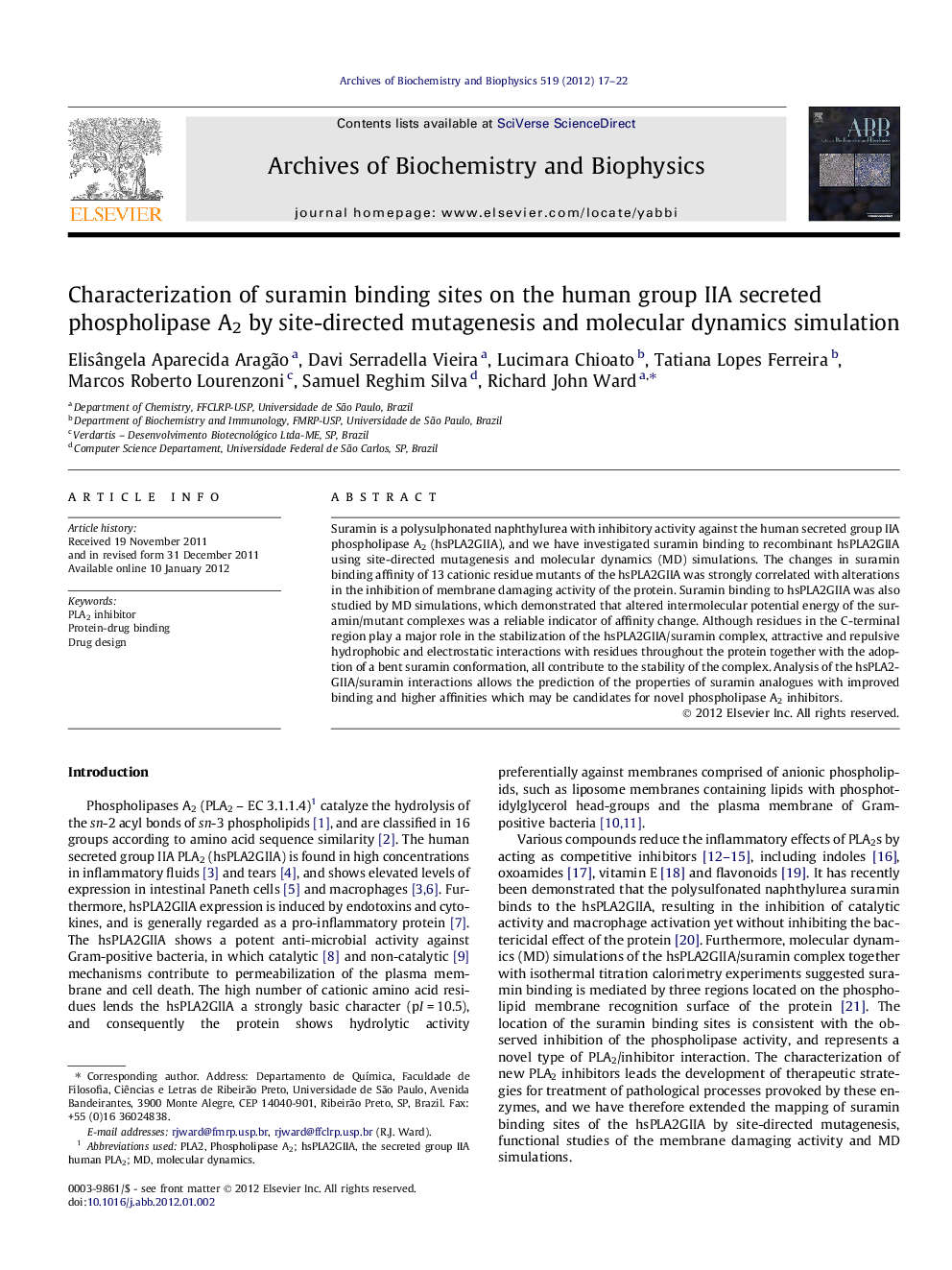 Characterization of suramin binding sites on the human group IIA secreted phospholipase A2 by site-directed mutagenesis and molecular dynamics simulation