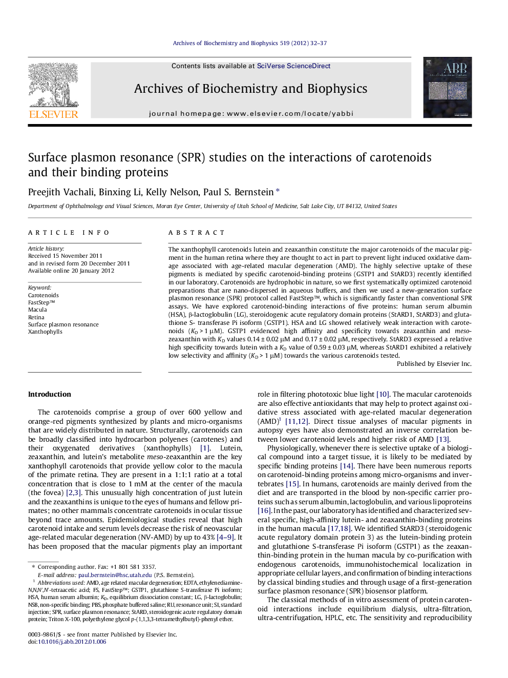 Surface plasmon resonance (SPR) studies on the interactions of carotenoids and their binding proteins