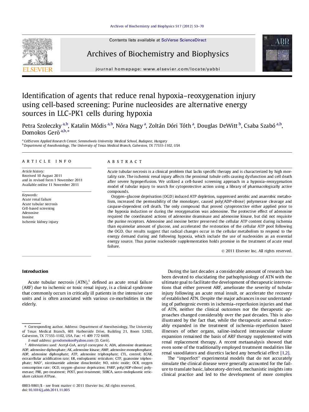 Identification of agents that reduce renal hypoxia-reoxygenation injury using cell-based screening: Purine nucleosides are alternative energy sources in LLC-PK1 cells during hypoxia