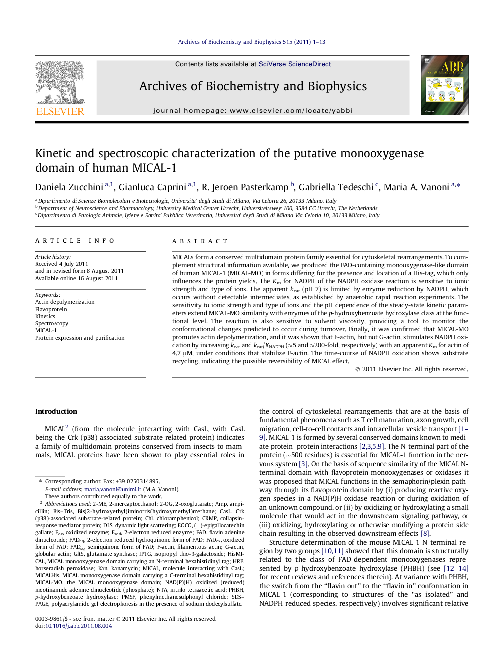 Kinetic and spectroscopic characterization of the putative monooxygenase domain of human MICAL-1