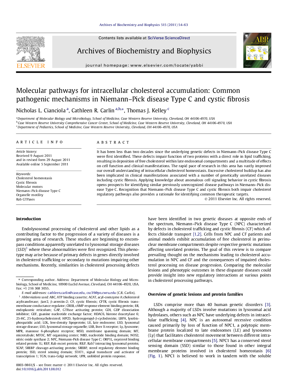 Molecular pathways for intracellular cholesterol accumulation: Common pathogenic mechanisms in Niemann-Pick disease Type C and cystic fibrosis