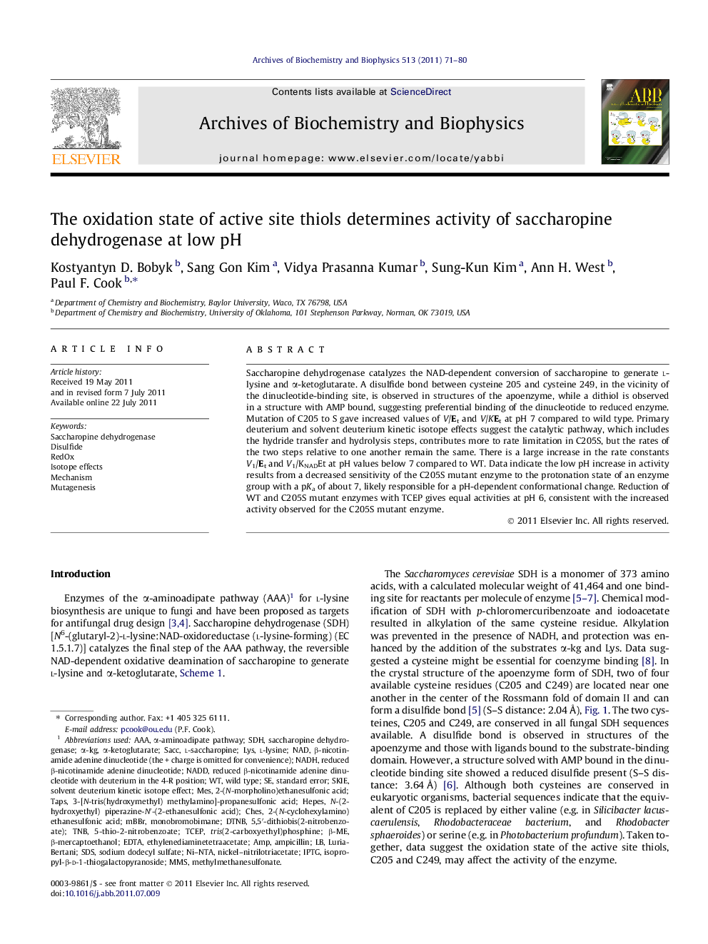 The oxidation state of active site thiols determines activity of saccharopine dehydrogenase at low pH