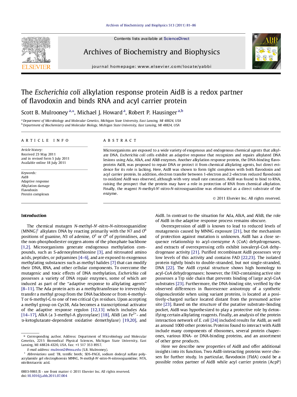 The Escherichia coli alkylation response protein AidB is a redox partner of flavodoxin and binds RNA and acyl carrier protein