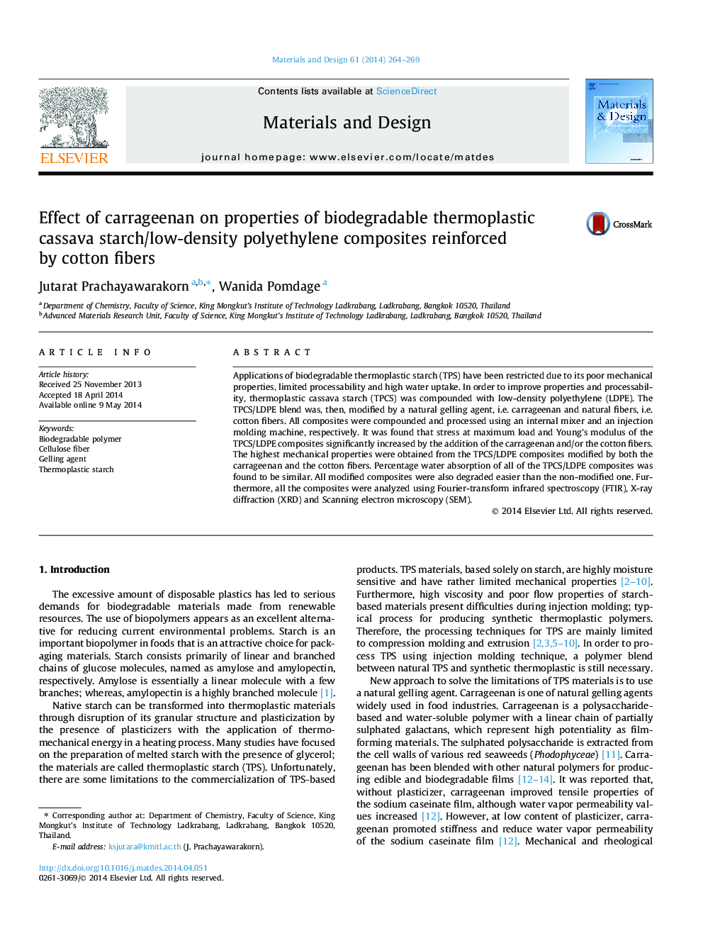 Effect of carrageenan on properties of biodegradable thermoplastic cassava starch/low-density polyethylene composites reinforced by cotton fibers