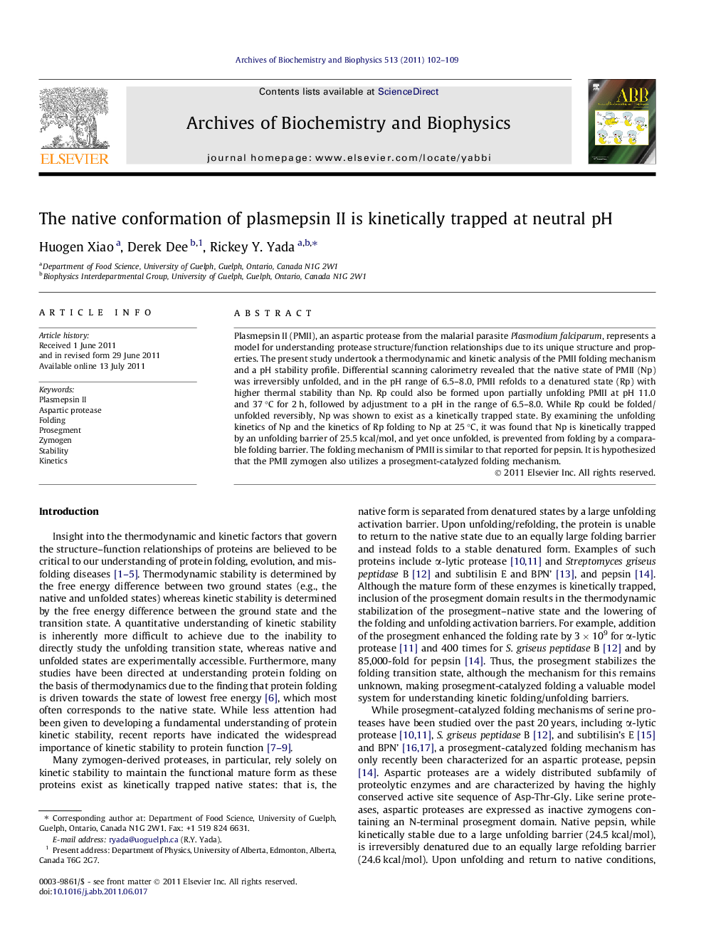 The native conformation of plasmepsin II is kinetically trapped at neutral pH