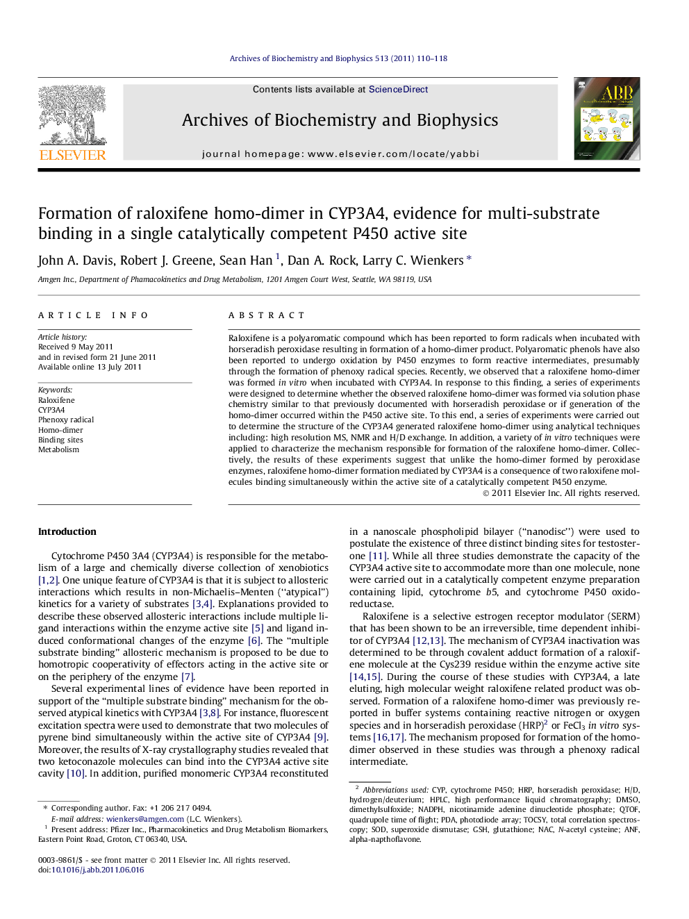 Formation of raloxifene homo-dimer in CYP3A4, evidence for multi-substrate binding in a single catalytically competent P450 active site