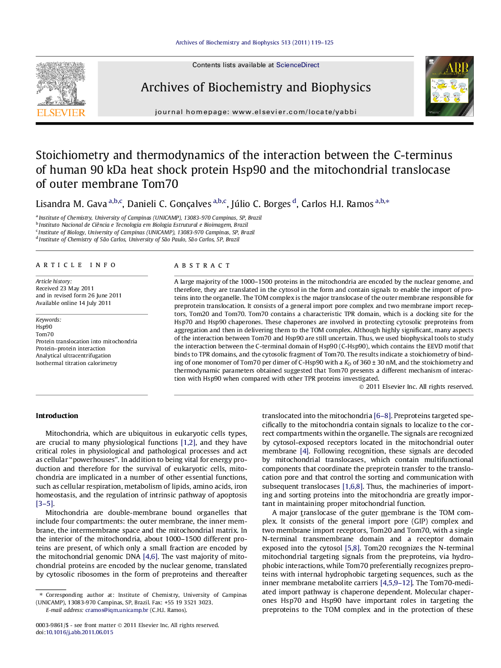 Stoichiometry and thermodynamics of the interaction between the C-terminus of human 90Â kDa heat shock protein Hsp90 and the mitochondrial translocase of outer membrane Tom70