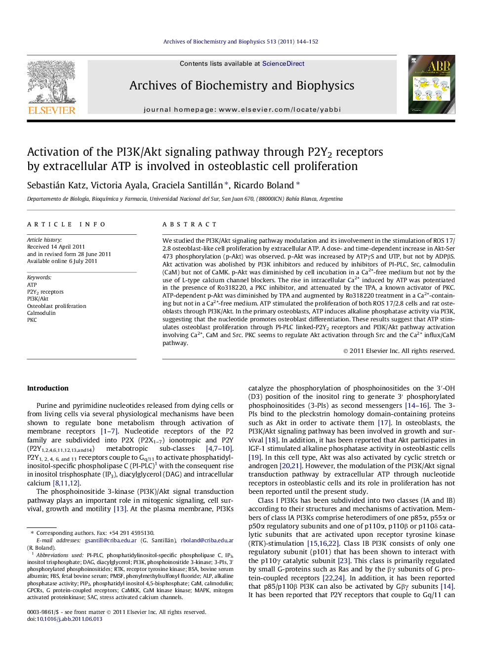 Activation of the PI3K/Akt signaling pathway through P2Y2 receptors by extracellular ATP is involved in osteoblastic cell proliferation