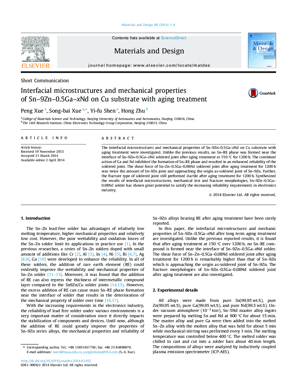 Interfacial microstructures and mechanical properties of Sn–9Zn–0.5Ga–xNd on Cu substrate with aging treatment