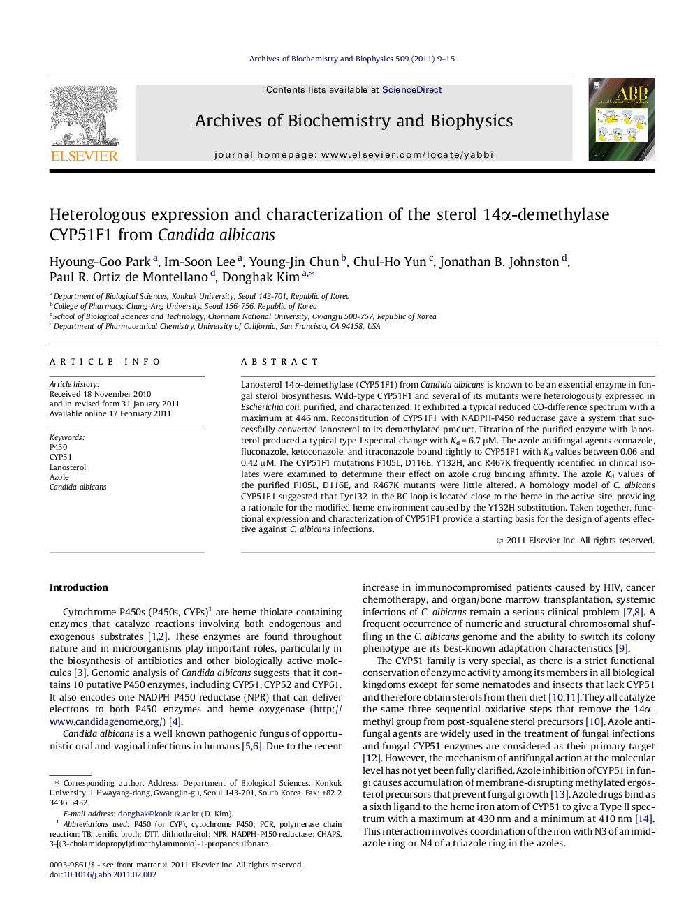 Heterologous expression and characterization of the sterol 14Î±-demethylase CYP51F1 from Candida albicans