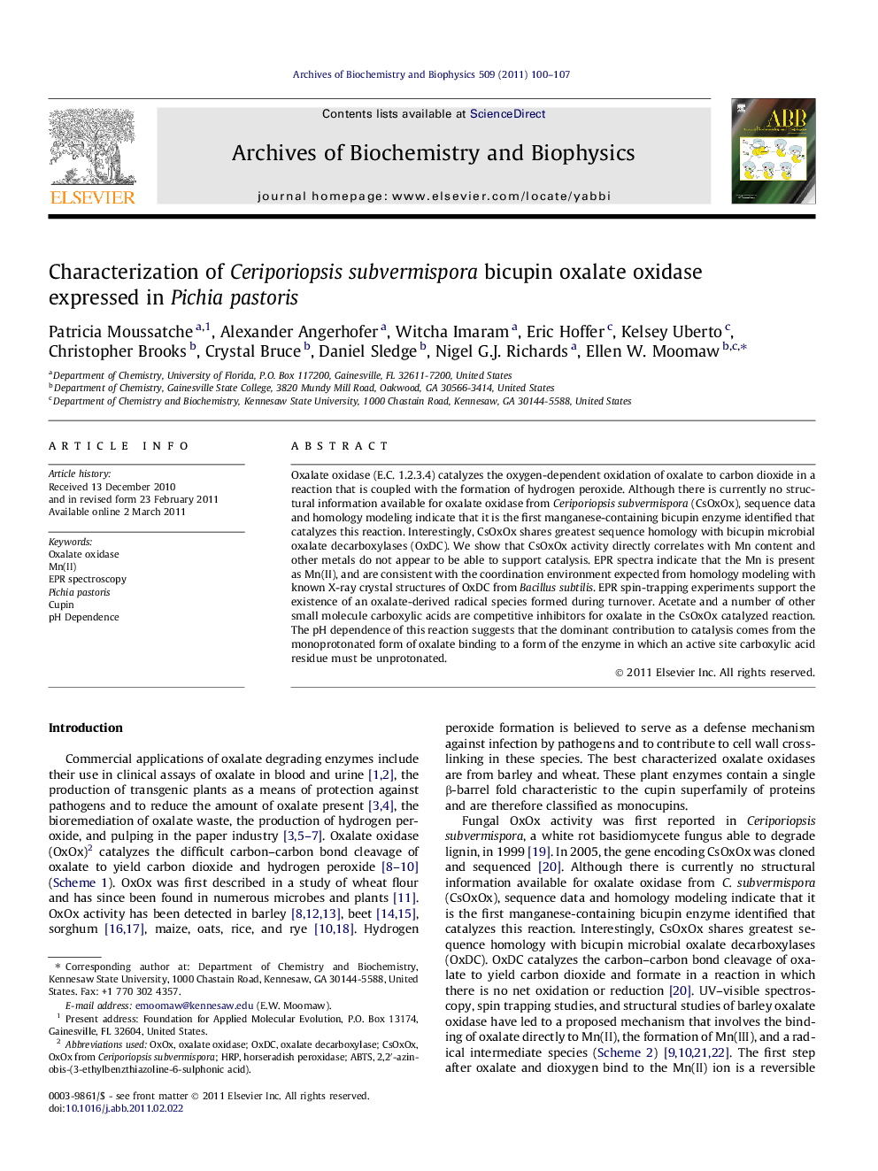 Characterization of Ceriporiopsis subvermispora bicupin oxalate oxidase expressed in Pichia pastoris