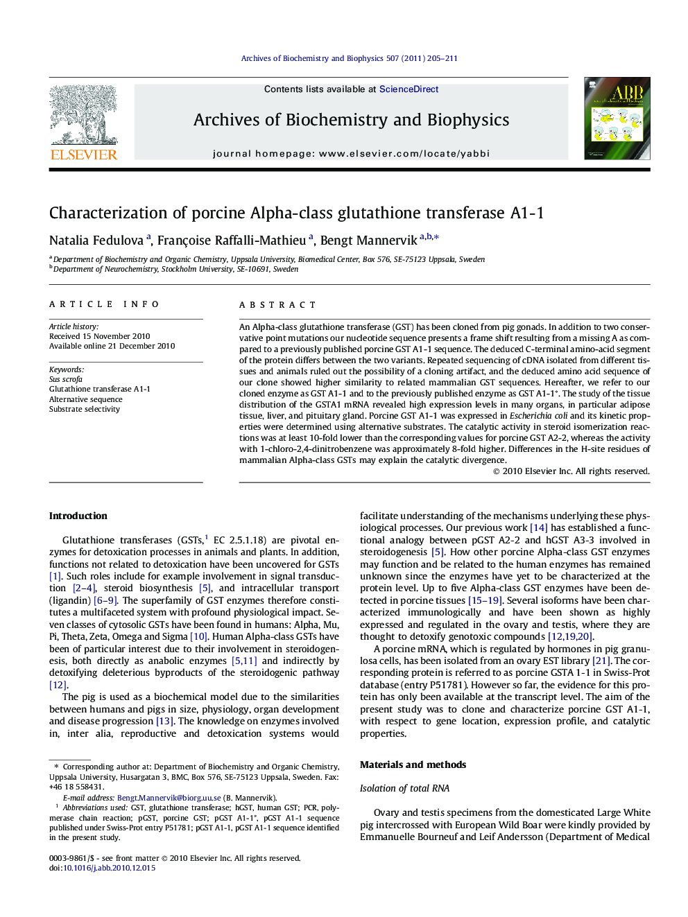 Characterization of porcine Alpha-class glutathione transferase A1-1