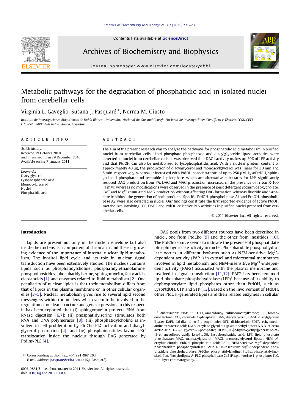 Metabolic pathways for the degradation of phosphatidic acid in isolated nuclei from cerebellar cells