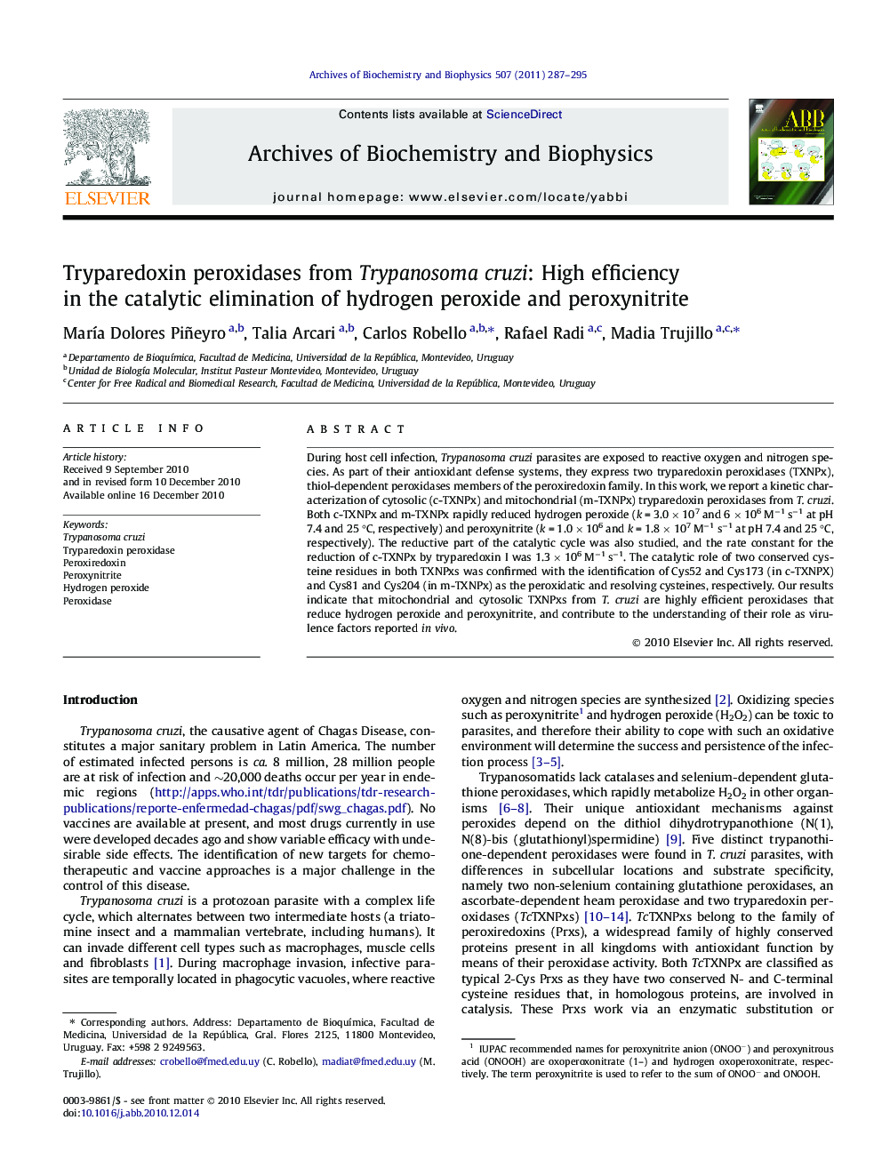 Tryparedoxin peroxidases from Trypanosoma cruzi: High efficiency in the catalytic elimination of hydrogen peroxide and peroxynitrite