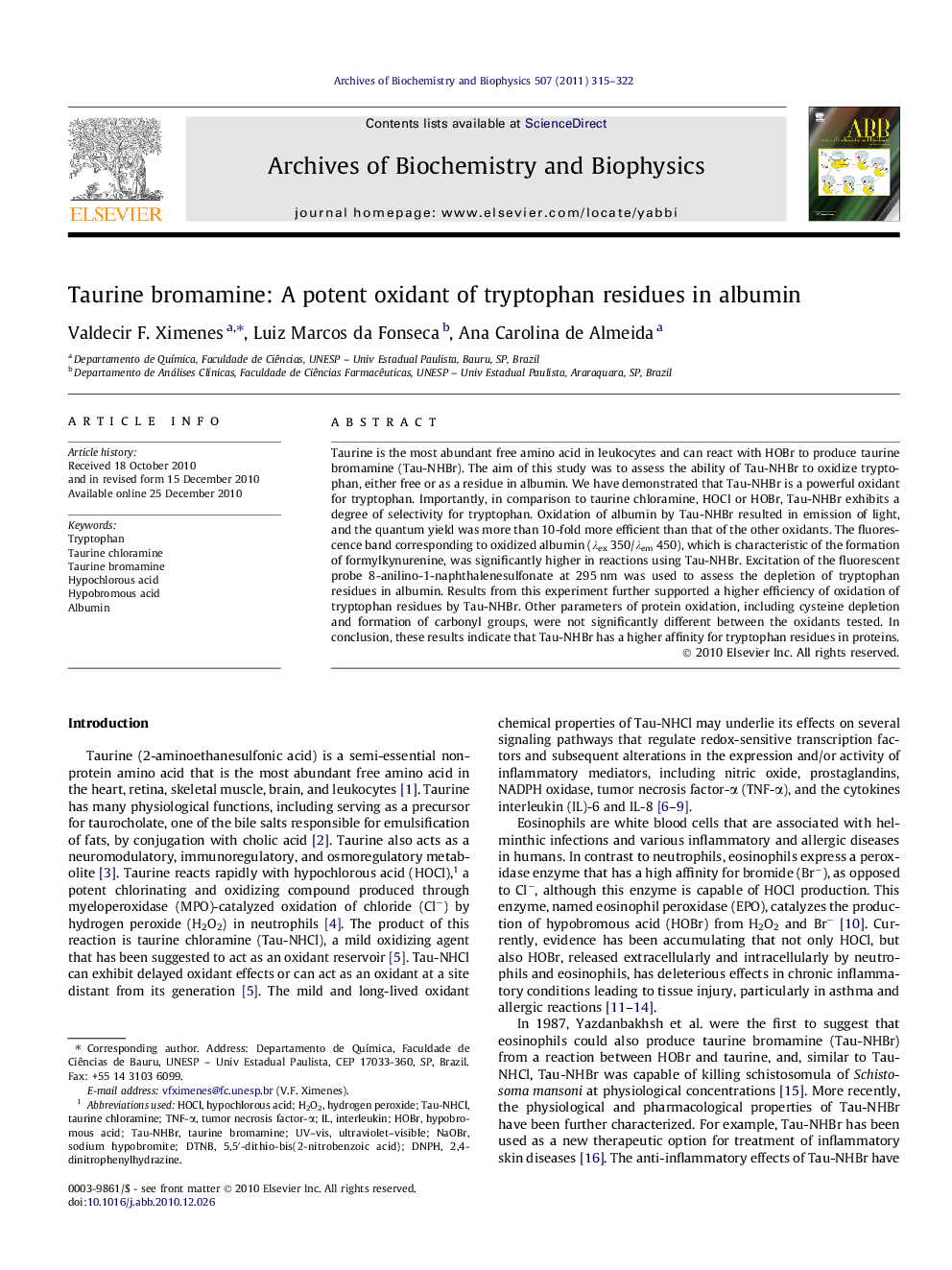 Taurine bromamine: A potent oxidant of tryptophan residues in albumin