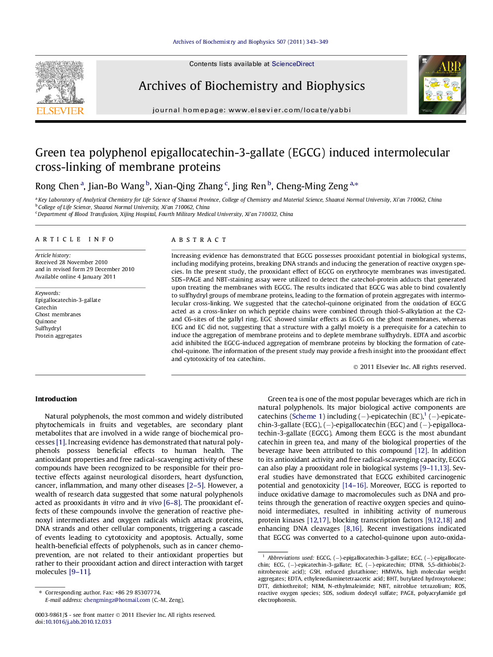 Green tea polyphenol epigallocatechin-3-gallate (EGCG) induced intermolecular cross-linking of membrane proteins