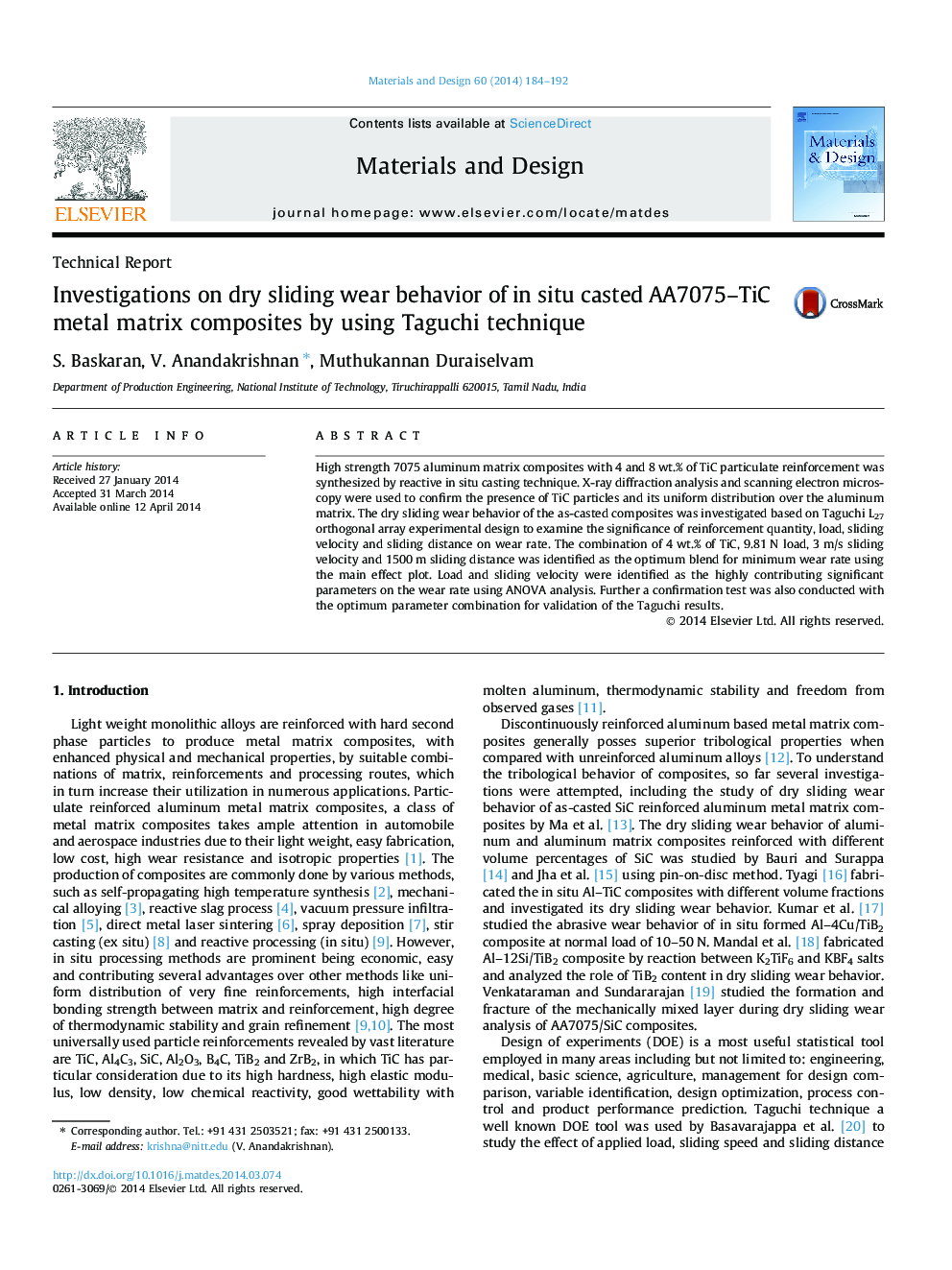 Investigations on dry sliding wear behavior of in situ casted AA7075–TiC metal matrix composites by using Taguchi technique