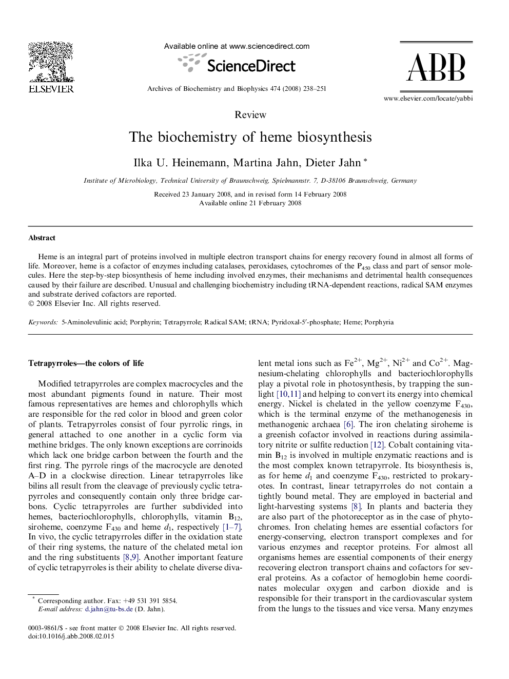 The biochemistry of heme biosynthesis