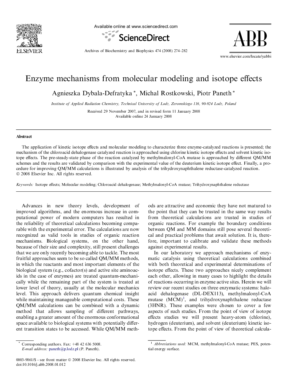 Enzyme mechanisms from molecular modeling and isotope effects