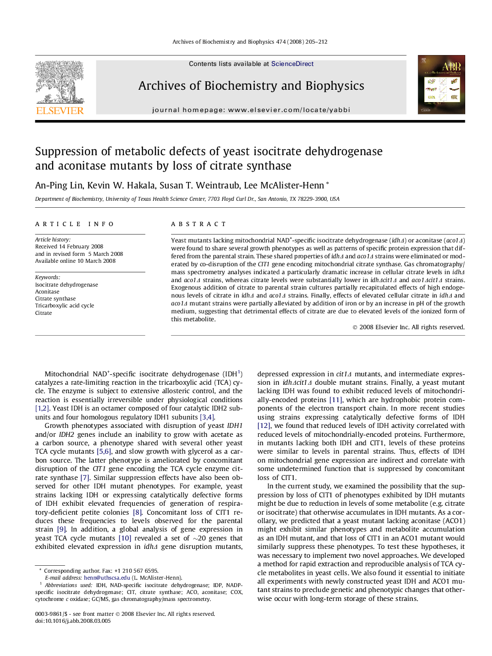 Suppression of metabolic defects of yeast isocitrate dehydrogenase and aconitase mutants by loss of citrate synthase