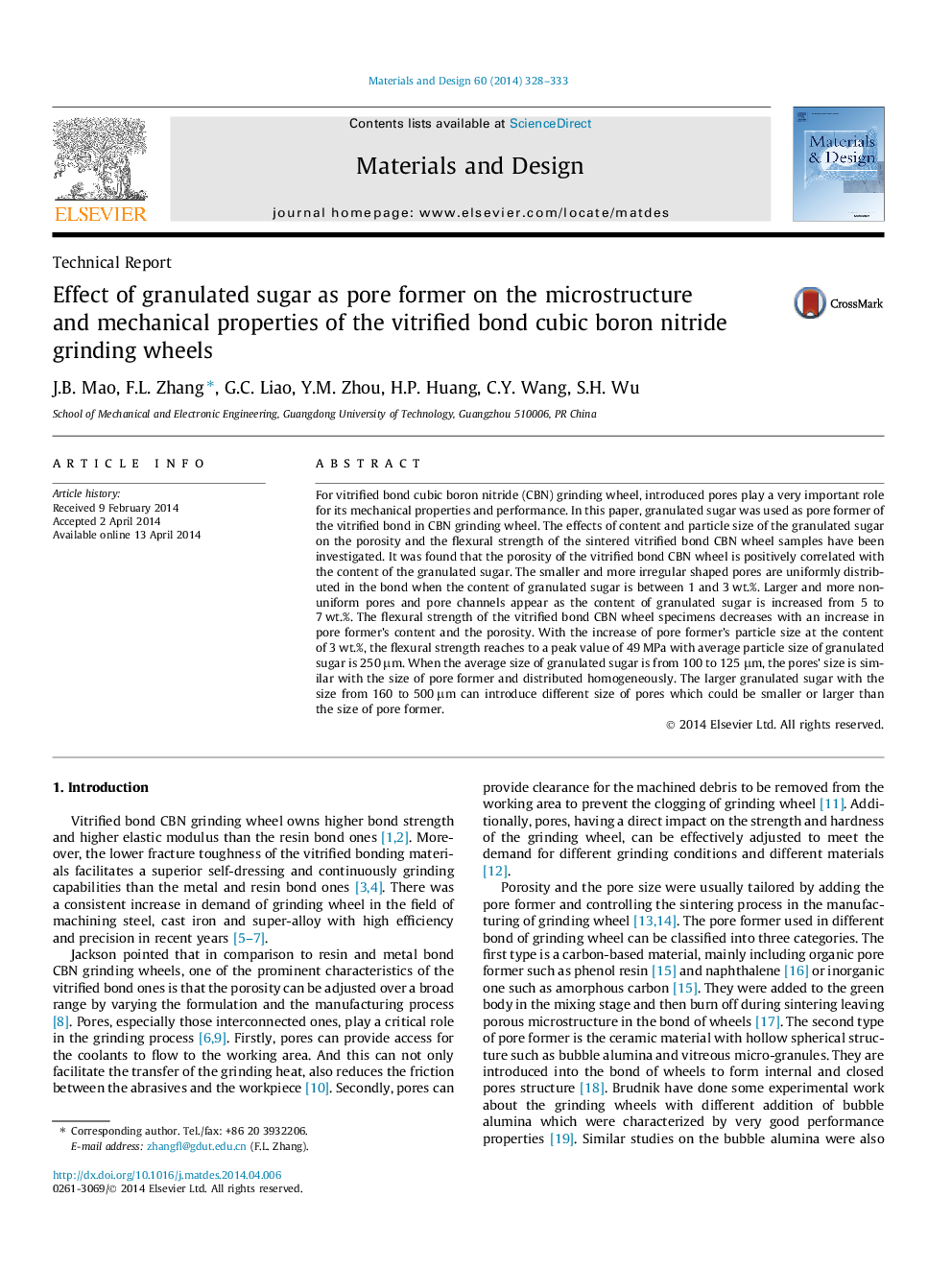 Effect of granulated sugar as pore former on the microstructure and mechanical properties of the vitrified bond cubic boron nitride grinding wheels