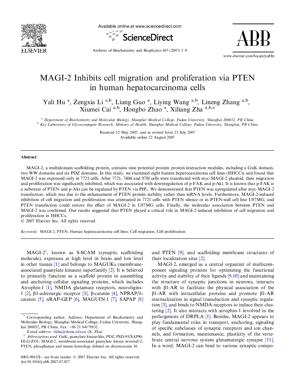 MAGI-2 Inhibits cell migration and proliferation via PTEN in human hepatocarcinoma cells