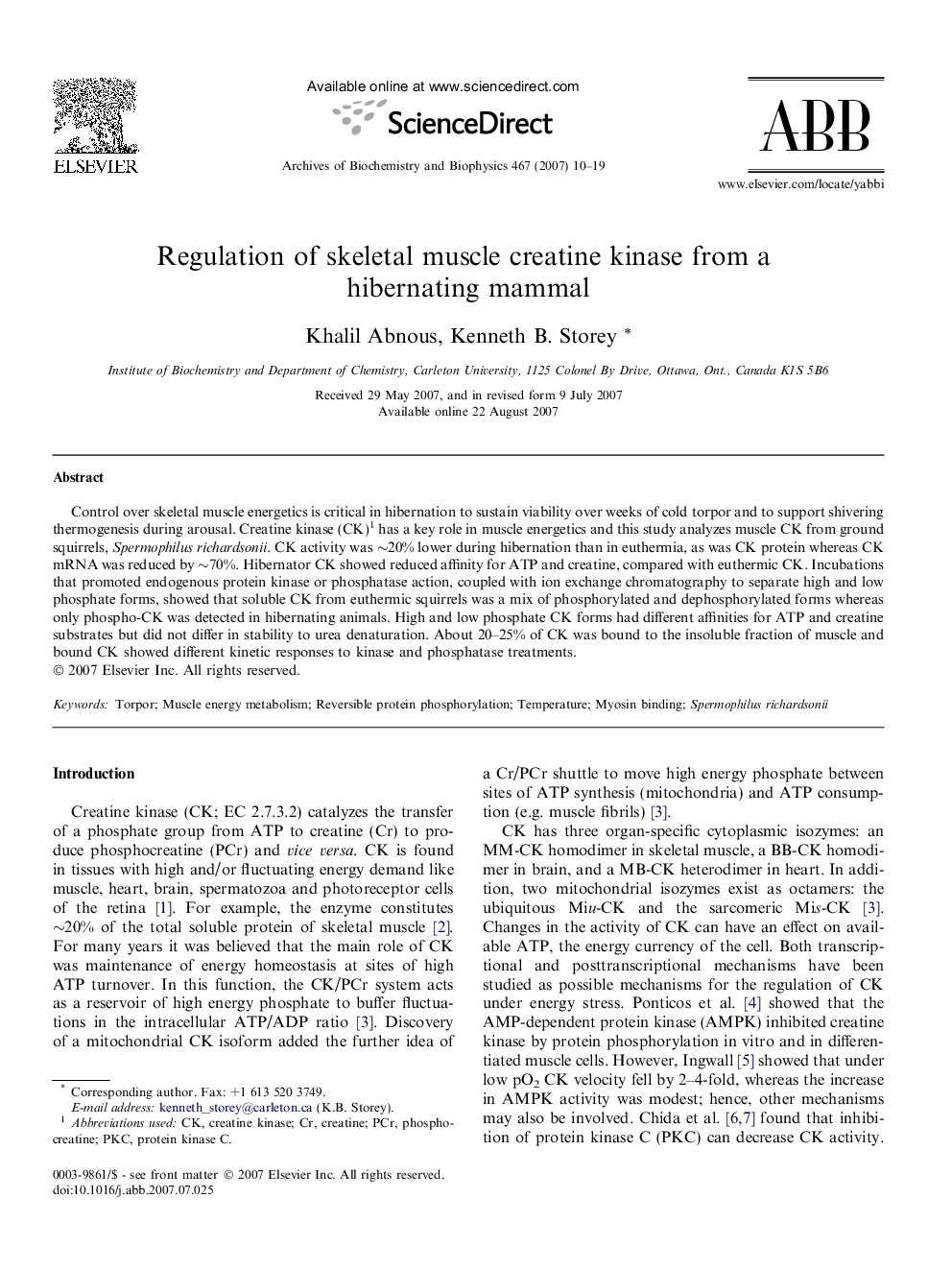 Regulation of skeletal muscle creatine kinase from a hibernating mammal