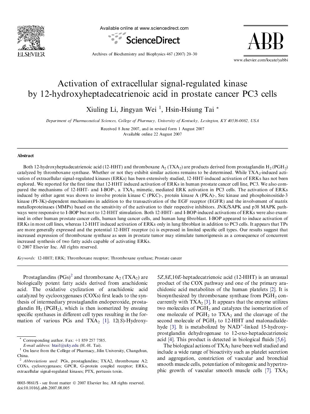 Activation of extracellular signal-regulated kinase by 12-hydroxyheptadecatrienoic acid in prostate cancer PC3 cells