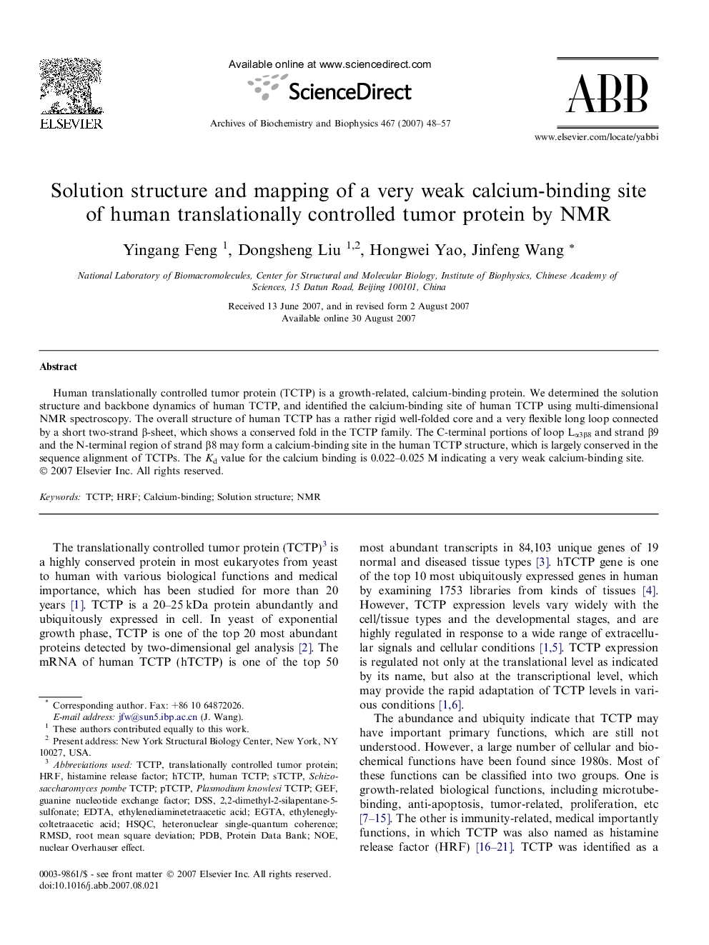 Solution structure and mapping of a very weak calcium-binding site of human translationally controlled tumor protein by NMR