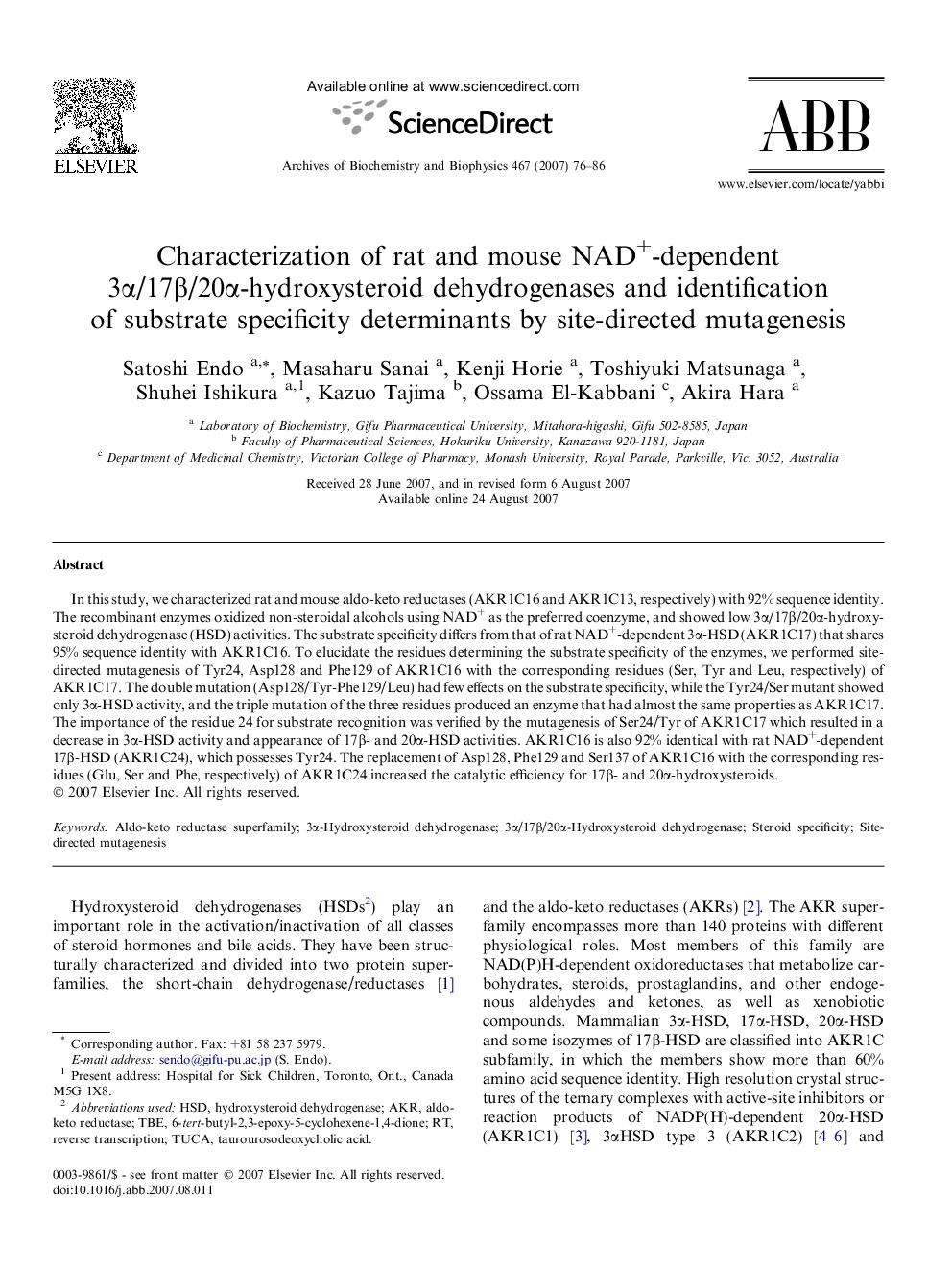 Characterization of rat and mouse NAD+-dependent 3Î±/17Î²/20Î±-hydroxysteroid dehydrogenases and identification of substrate specificity determinants by site-directed mutagenesis