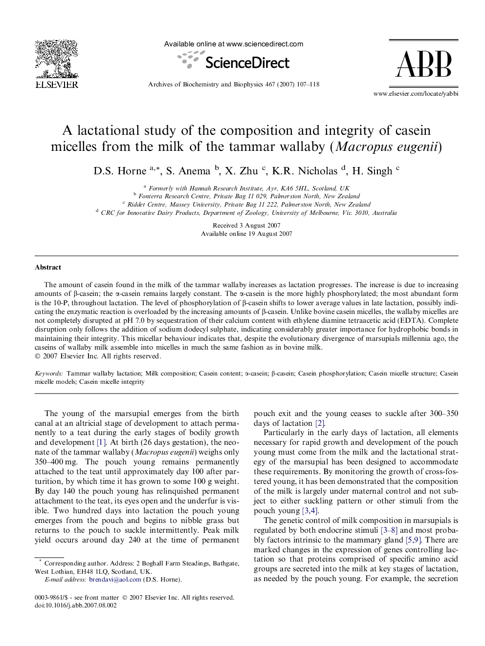 A lactational study of the composition and integrity of casein micelles from the milk of the tammar wallaby (Macropus eugenii)