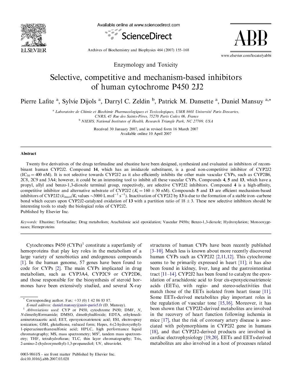 Selective, competitive and mechanism-based inhibitors of human cytochrome P450 2J2