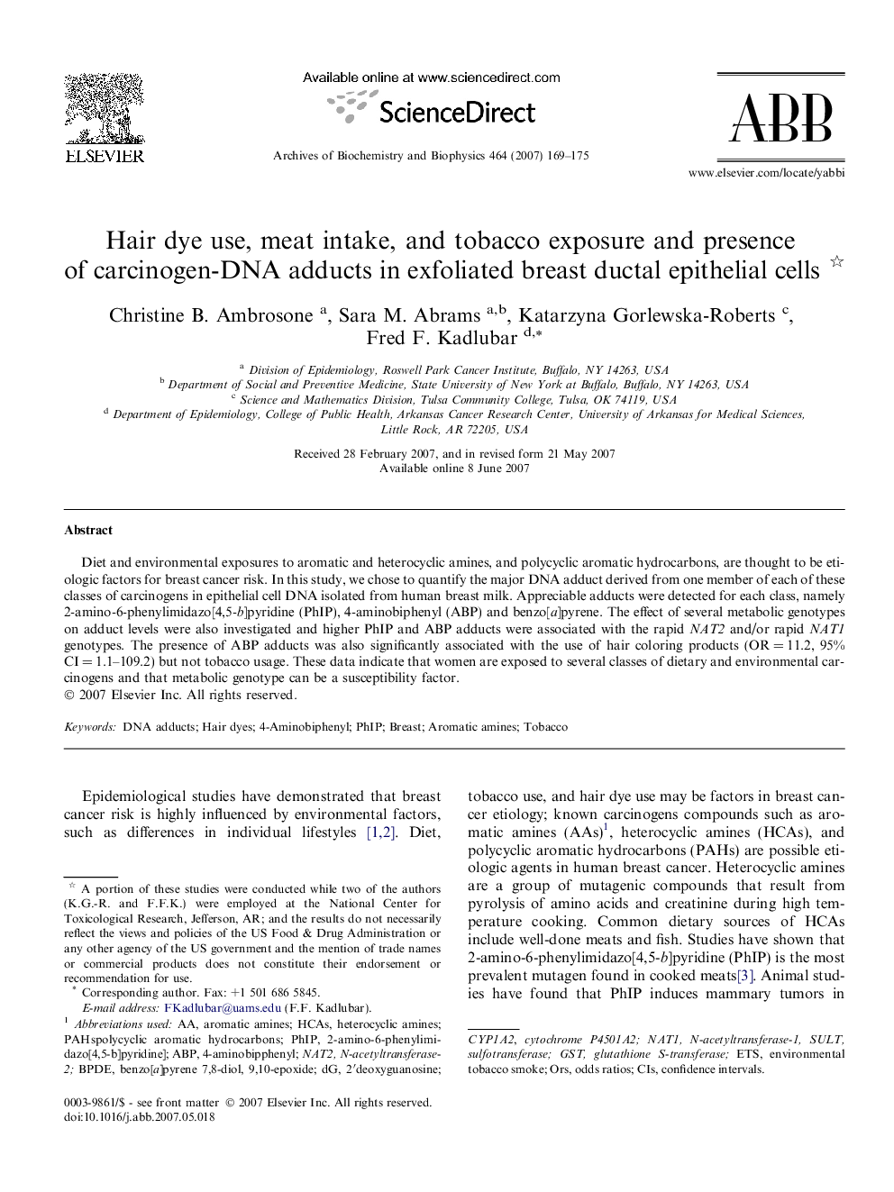 Hair dye use, meat intake, and tobacco exposure and presence of carcinogen-DNA adducts in exfoliated breast ductal epithelial cells