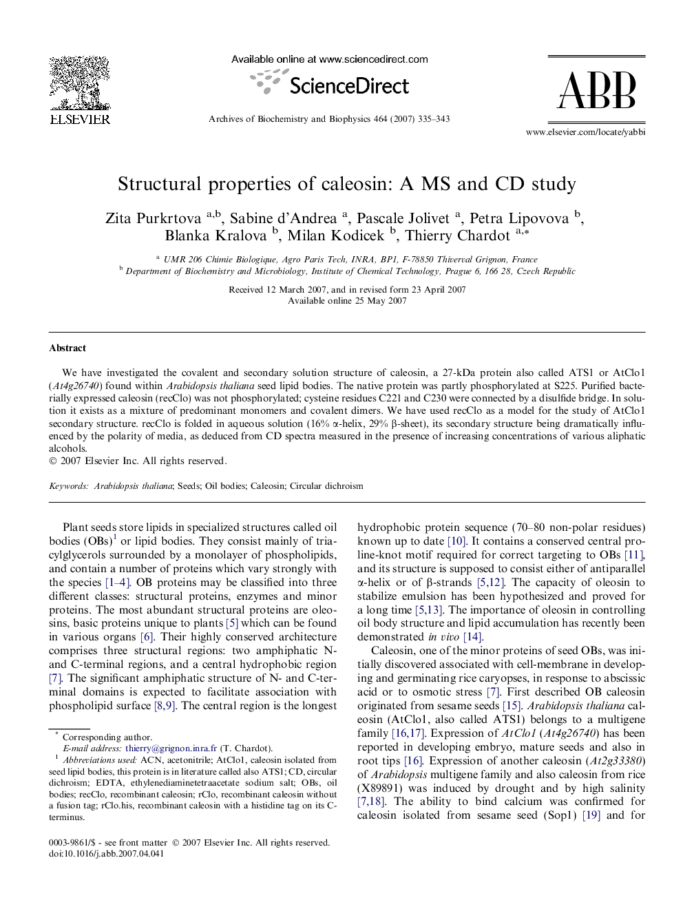 Structural properties of caleosin: A MS and CD study