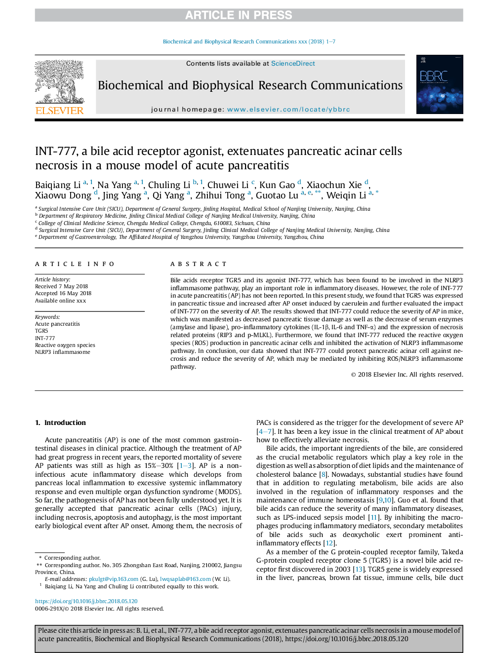 INT-777, a bile acid receptor agonist, extenuates pancreatic acinar cells necrosis in a mouse model of acute pancreatitis