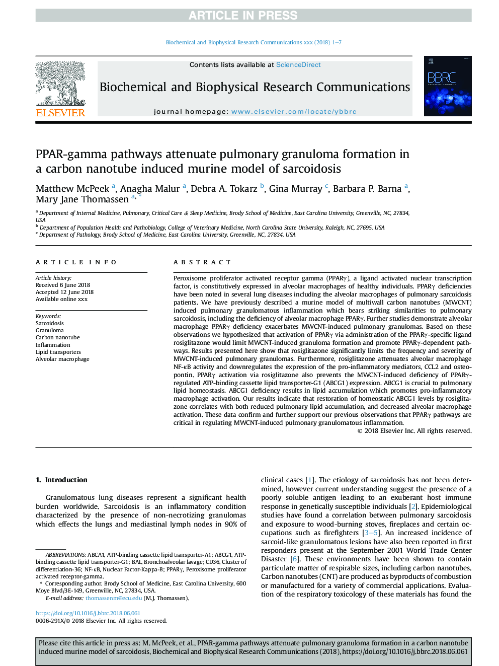 PPAR-gamma pathways attenuate pulmonary granuloma formation in a carbon nanotube induced murine model of sarcoidosis