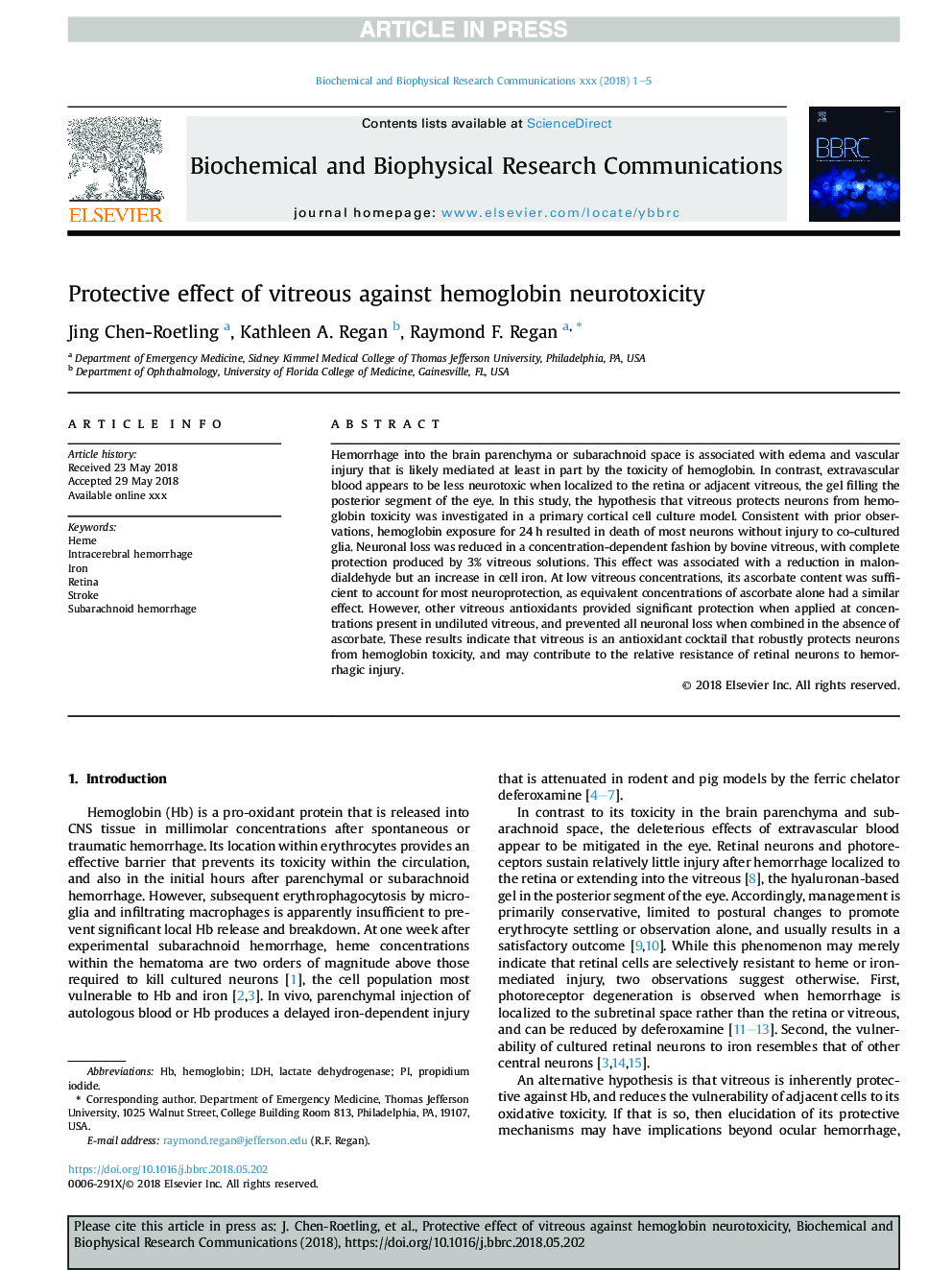 Protective effect of vitreous against hemoglobin neurotoxicity