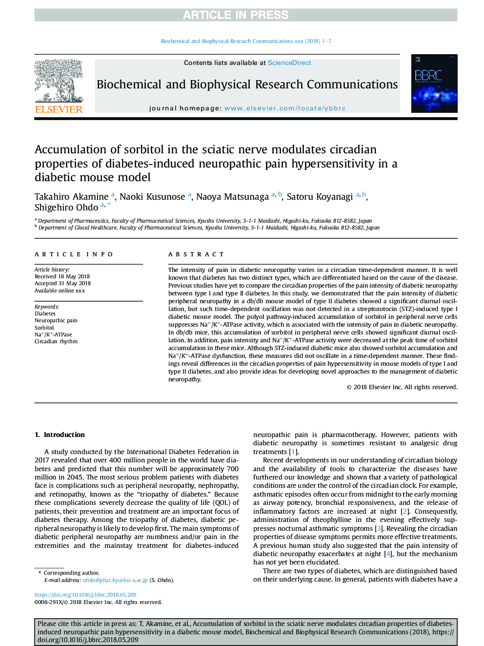 Accumulation of sorbitol in the sciatic nerve modulates circadian properties of diabetes-induced neuropathic pain hypersensitivity in a diabetic mouse model