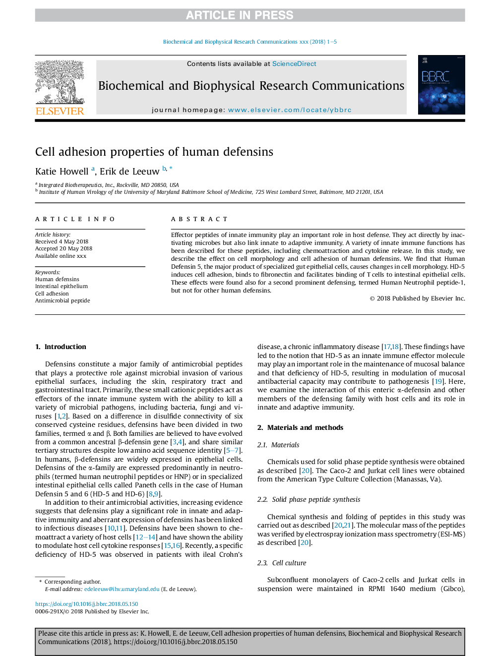 Cell adhesion properties of human defensins