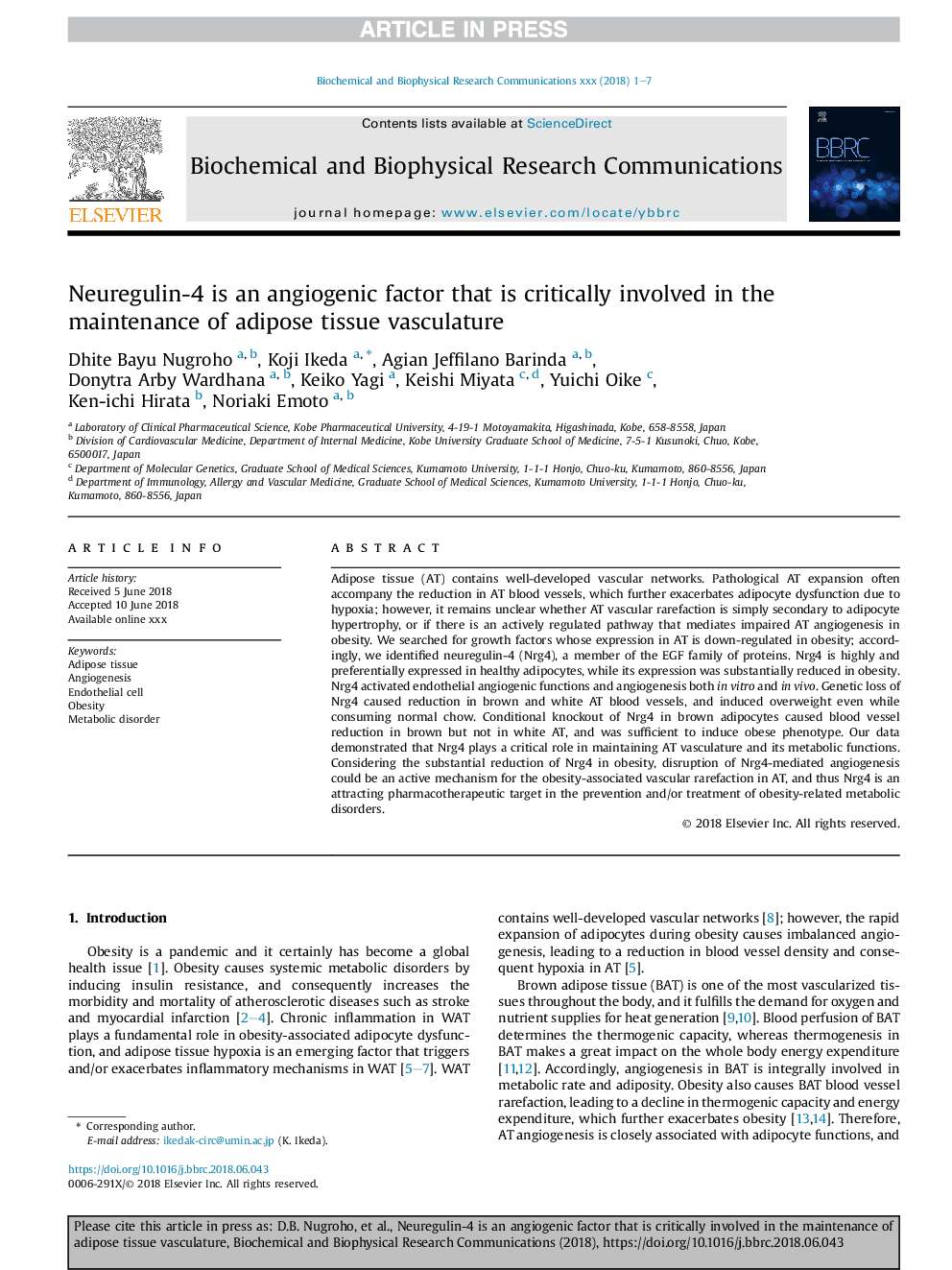 Neuregulin-4 is an angiogenic factor that is critically involved in the maintenance of adipose tissue vasculature