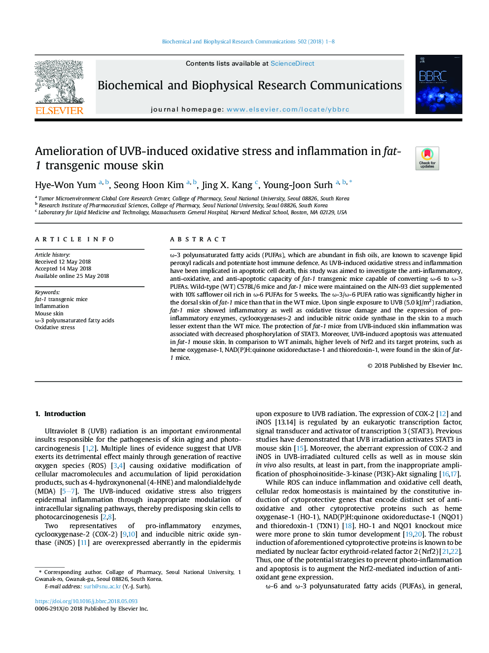 Amelioration of UVB-induced oxidative stress and inflammation in fat-1 transgenic mouse skin