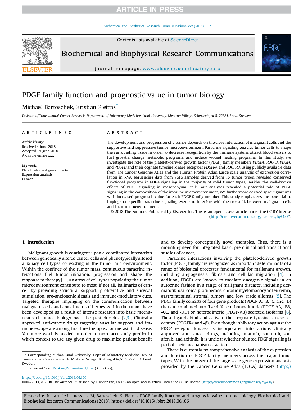 PDGF family function and prognostic value in tumor biology